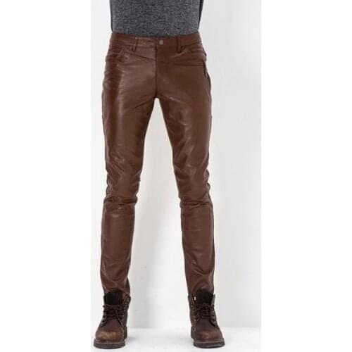 New Men Cowhide Genuine Leather Pants Korean Tide Pencil Pants Mens Business Casual Fashion Motorcycle Brown Slim Pants S-4XL