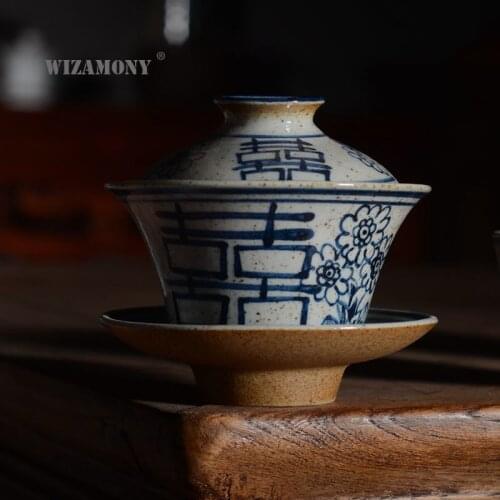 WIZAMONY Jingdezhen Hand-Painted Blue-and-White Porcelain with the Ceramic Antique xi zi Sancai Tureen Kung Fu Tea Tea Bowl