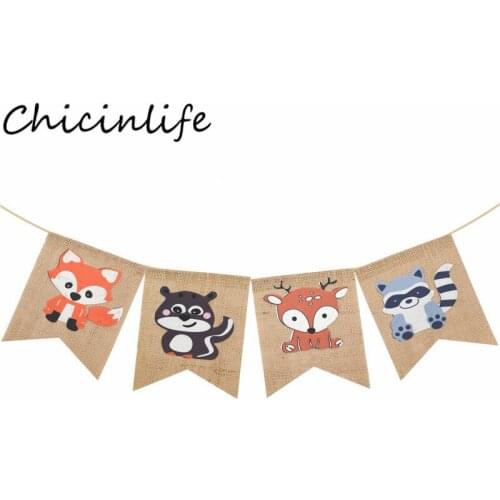 Chicinlife 4Pcs Animal Burlap Banner Woodland Fox Squirrel Deer Garland Bunting Happy Birthday Party Kids Baby Shower Supplies