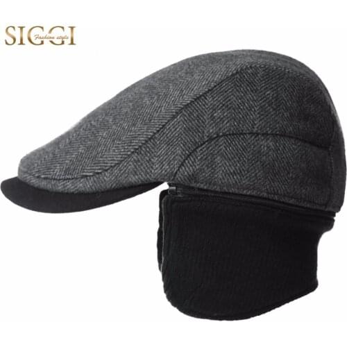 FANCET Winter Wool Men Visor Tweed Flat Cap Ivy Hat Earflap Winter Warm Hunting Trapper Duckbill Hats Outdoors Peaked Caps 89111