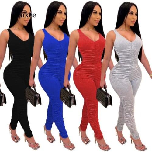 Solid Folds Sleeveless Rompers Women Fashion Outfits Bodysuit Tight High Waist Pleated Leggings for Women Daily Lady Trousers