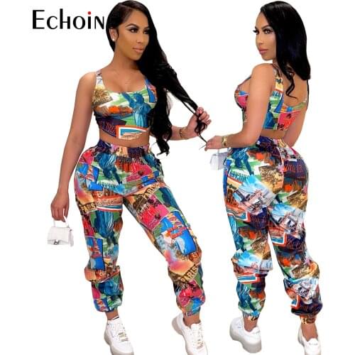 Echoine Women Print Sleeveless Set Crop Tanks Top Strechy Pants Two Piece Sets Tracksuit Summer Outfit Sporty Sweatsuit Workouts