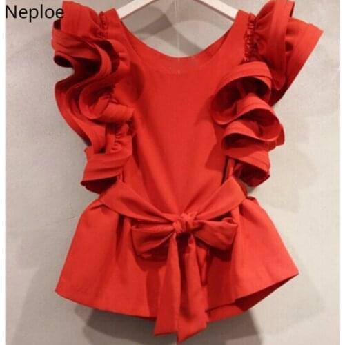Neploe Summer 2021 Women Tops Solid Ruffles Bow Blusa Chic Korean New Arrival O-Neck Sleeveless Slim Short Blouse 43193