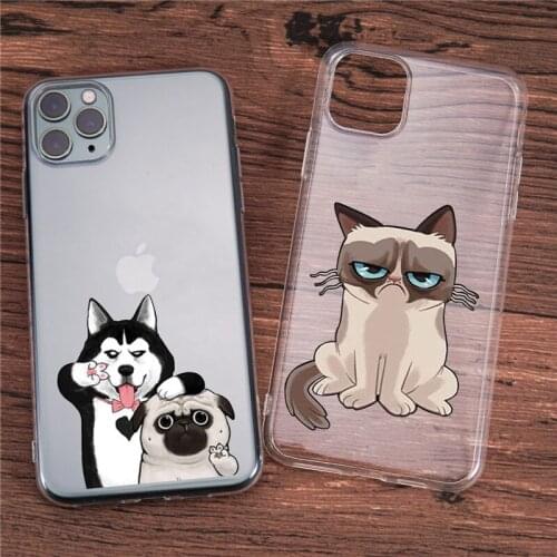 JAMULAR Cute Cat Dog Couple BFF Phone Case For iPhone XS MAX XR 11 Pro X 7 8 6 Plus Animal Print Soft Silicone Transparent Cover