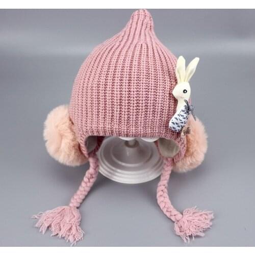 2021 Autumn Winter Cute Pink Baby Hats with Braids Infant Headwear Cap Warm Knitted Beanie Hat for Girls Kids Accessories 3-24M