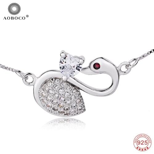 AOBOCO High Quality 100% Fine 925 Sterling Silver Necklaces Classic Crystal Swan Pendants Women Necklaces Fine Jewelry GNX0295