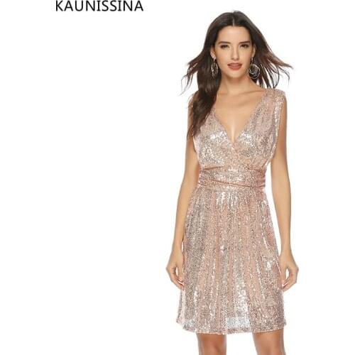 Womens Sequined Dress V-neck Sleeveless Midi Dress Sequin Elegant Sexy Dinner Party Night Club Gown Gold Silver