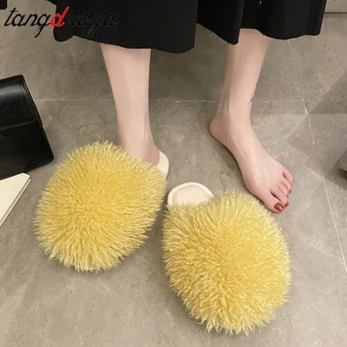 Furry slides Home Women Full Fur Slippers Winter Warm Plush Bedroom Non-Slip Couples Shoes Indoor Ladies Furry Slippers