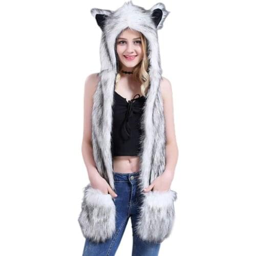 3 In 1 Women Men Fluffy Plush Animal Wolf Leopard Hood Scarf Hat with Paws Mittens Gloves Thicken Winter Warm Earflap Bomber Cap