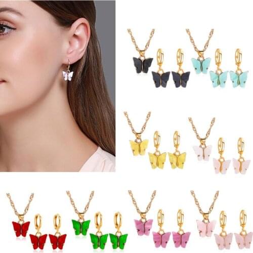 Chic Acrylic Butterfly Pendant Drop Earrings Tiny Dainty Mini Butterfly Pendant Necklace Jewelry Set for Women Girls