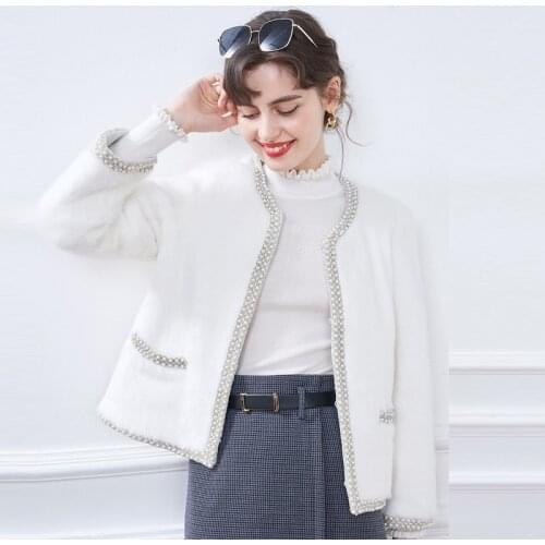 Temperament Small Fragrance Style Pearl Edge Fur Coat Luxury White Mink High Quality Short Jacket Thick Warm Fashion Outwear