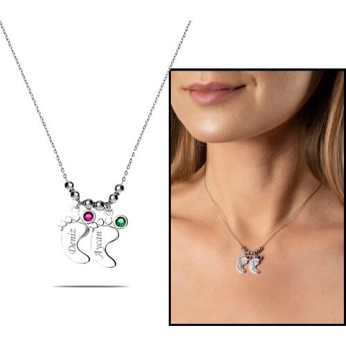Tesbihane Zircon Personalized Name Written 925 Sterling Baby Footprint Necklace