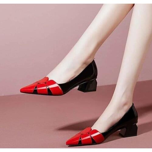 Women Fashion Pointed Toe Red & Black Slip on Heel Shoes for Party Lady Night Club Comfort Summer Heel Shoes 2021 New