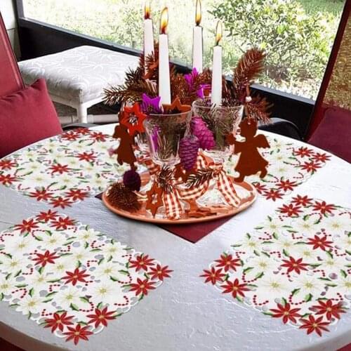 Embroidered Christmas Placemats, Red Poinsettia Placemats with Holly for Christmas Holiday Decorations, 11X17 Inch,4 Pcs