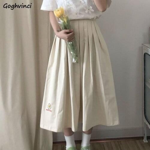 Women Skirts Flower Embroidery Chic Harajuku Japan Style Retro Students All-match Pleated Mid-calf Streetwear Plus Size S-3XL