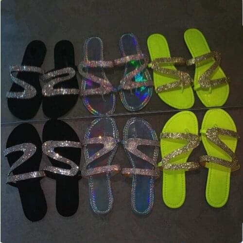 Hot Sale summer female fashion S-shaped rhinestone outdoor beach shoes slippers sandals crystal buckle ladies flip-flops