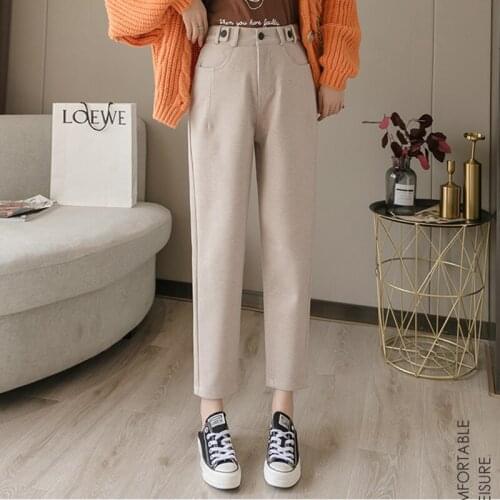 AIYANGA Women Casual Pants Autumn Winter Ladys Thick Wool Pants Womens Clothing Elastic High Waist Long Trousers