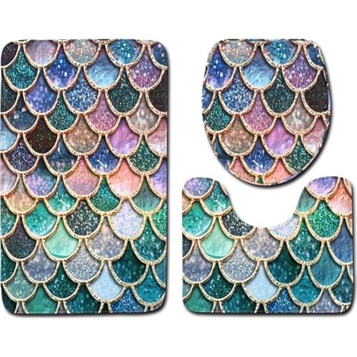 3pcs Fish Scale Bathroom Carpet Set Mermaid Style Colorful Shower Bath Mat Home Decor Anti Slip Toilet Lid Cover Rug Floor Mats