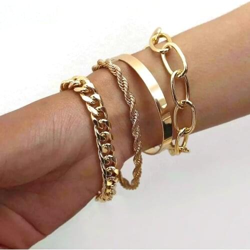 4Pcs/Set Bohemian Chunky Thick Miami Curb Cuban Bracelets for Women Girls Punk Metal Chain Bracelet Bangles Jewelry Gift