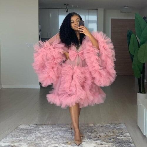 Dusty Pink Ruffles Party Dress Tulle Long Sleeve Women Sexy Kimono Pregnant Evening Sleepwear Women Bathrobe Sheer Nightgown