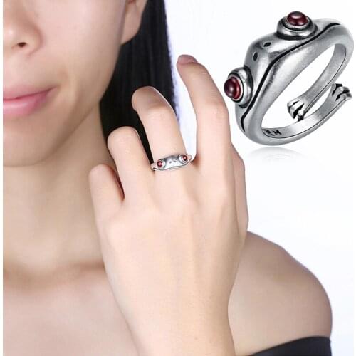 Bohemian Vintage Frog Ring For Women Men Neutral Red Garnet Open Adjustable Unisex Statement Rings Silver Color Gift