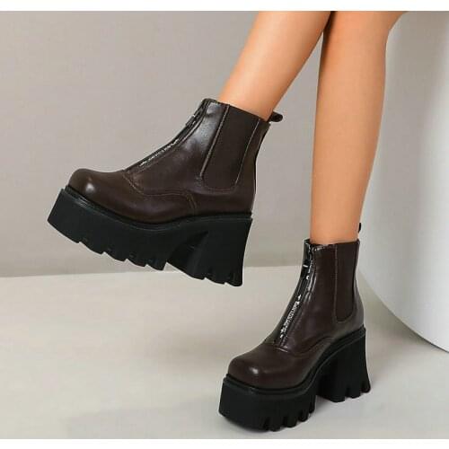 Platform Womens Shoes Autumn Winter Fashion Stitching Comfortable Stretch Short Boots High Heel Round Toe PU Zipper Ankle Boots