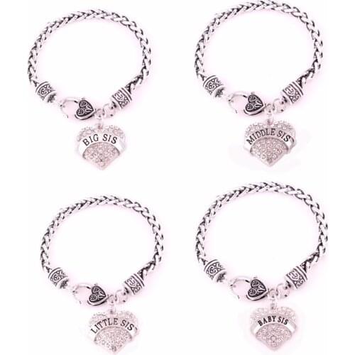 Big Sis Middle Sis Little Sis Baby Sis Crystal Paved Heart Shape Charm Braided Bracelet Bangle Sister Jewelry