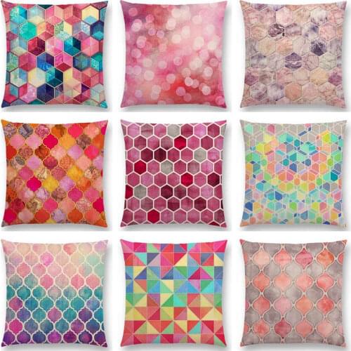 Rainbow Pastel Watercolor Moroccan Hexagon Pattern Colorful Gemstone Crystal Cubes Cushion Cover Decor Sofa Throw Pillow Case