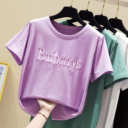 Korean Cotton Letter Embroidery T Shirt Woman White Tshirt Women Clothes Cotton Summer Short Sleeve T-Shirt Female Vetement Femm