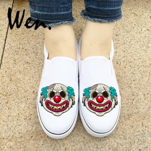 Wen Design Cartoon Monster Clown Zombie Scar Face Athletic Canvas Sneakers Slip On Flats Shoes Plimsolls White Black 2 Choices