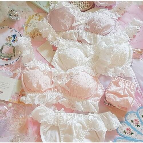 Vintage Style Japanese Lace Bra & Panties Set Wirefree Soft Underwear Sleep Intimates Set Kawaii Lolita Cute Sexy Spots Trim