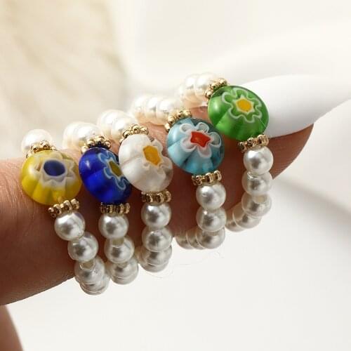 Colorful Flower Beads Stacking Finger Rings Set for Women Elegant Pearl Elastic Rope Beaded Ring Korean Fashion Jewelry 5pcs