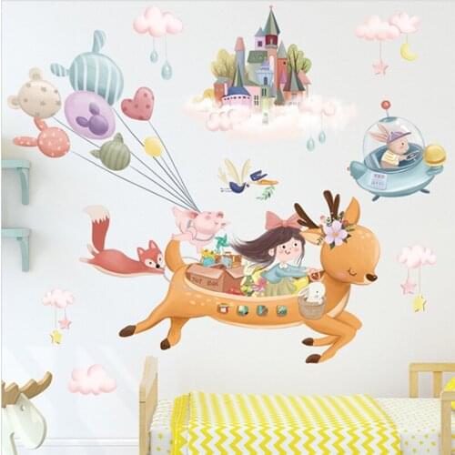 Little Girl With Colorful Balloons Wallpaper Pink Clouds And Castle Wall Sticker Dreamlike Home Decor For Living Room Stickers