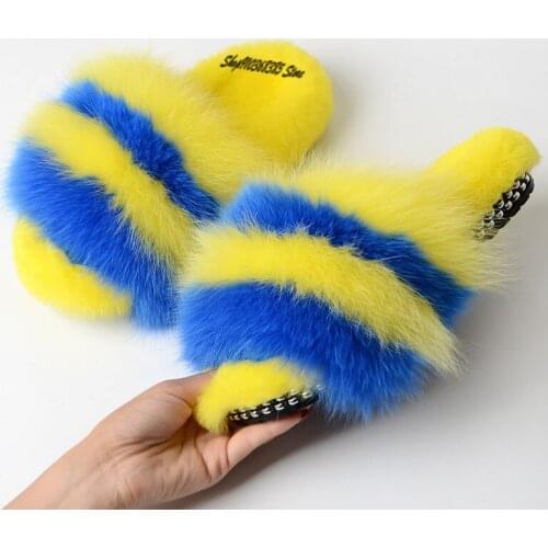 New Womens Winter Fox Fur Slippers Ladies Plush Fluffy Warm Indoor Slides Cute Fashion Flat Rainbow Plush Luxury Raccoon Shoes