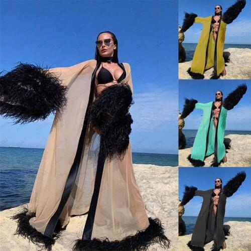 LO&LI Bathrobe Women Ostrich Feather Full Length Lingerie Nightgown Pajamas Sleepwear Bride Luxury Gowns Sheer Robe