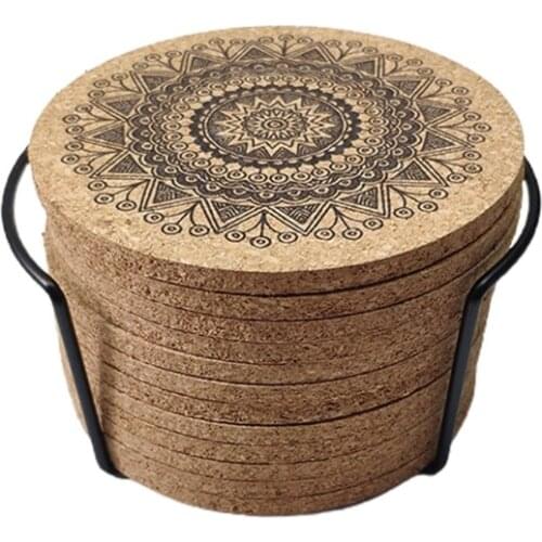 Mandala Pattern Round Cork Coasters with Holder Wooden Drinks Glass Cup Mat Pad