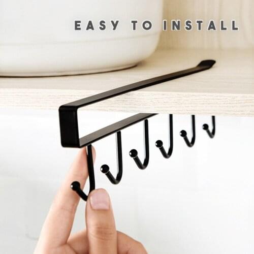 Under-Cabinet Hanger Rack 6 Hooks Black/White Iron Hooks Cup Holder Hanging Bathroom Hanger Kitchen Organizer Rack Home Decor