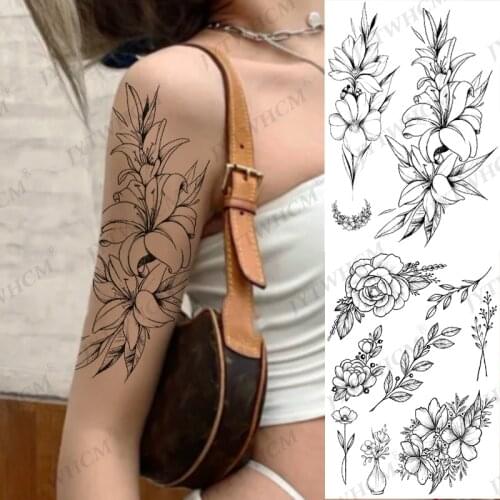 Rose Peony Flower Girls Temporary Tattoo Black Stickers For Women Waterproof Body Art Arm Water Transfer Fake Tattoos Women