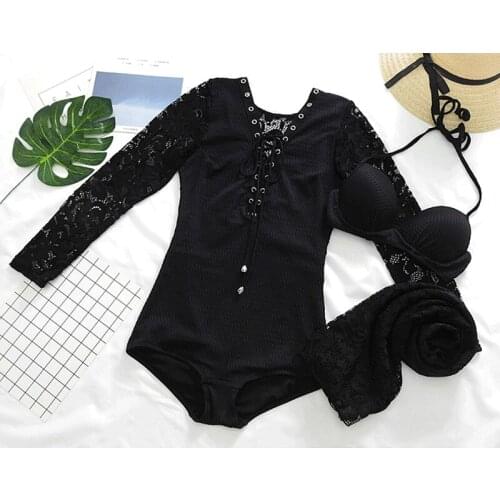 STAERK one-piece swimsuit for women sexy Black Lace Long Sleeve 2020 Backless Monokini Zipper Swimsuit Sport Bodysuit Beach