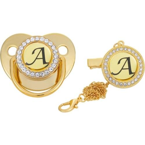 Rhinestone Baby Pacifier Letter Baby Pacifier and Pacifier Clips BPA Free Silicone Infant Nipple Gold Bling Dummy Soother