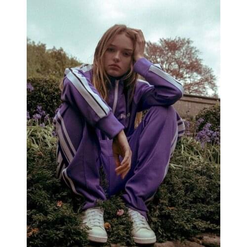 Street Sporty Casual Cozy Chic Side Striped Patchwork Purple Track Pants Unisex Terry Cotton Elastic Waist Slit Zip Sweatpants