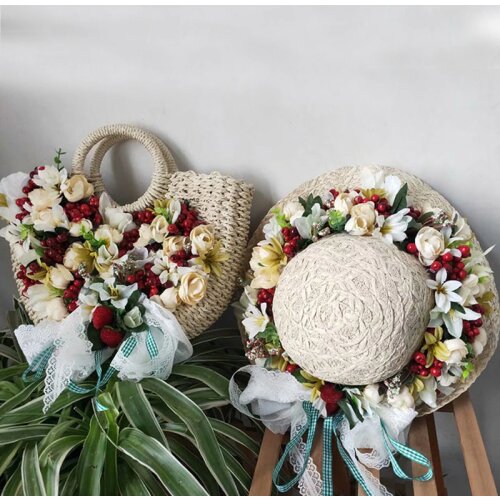 Casual Rattan Basket Women Handbags Wicker Woven Totes Large Capacity Straw Bags Summer Handmade Flowers Beach Bag with Hat