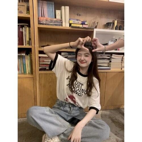 Woman Tshirts Mid-length Print Short-sleeved Top Summer New Hong Kong Style Womens Loose Round Neck All-match T-shirt