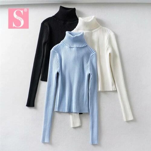 STVY 2021 Autumn Fashion Turtleneck Short Sweater Women Long Sleeve Basic Pullovers Female Blue Black White Knitted Sweater Tops