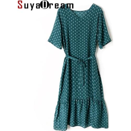 SuyaDream Woman Floral Dress 100%Silk Crepe Printed V neck Sashes Long Dresses 2021 Spring Summer Dresses