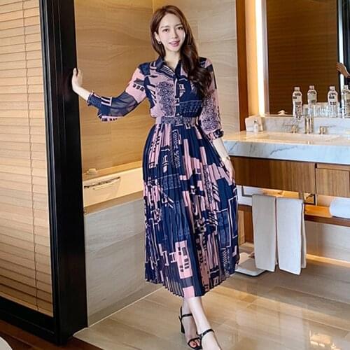Vintage Print Elegant Long Dress Women Spring Pleated Dress Korean Slim Ankle-Length Office Casual Party Dress Runway 2021 B733
