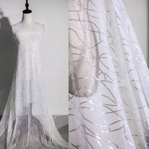 1Y/lot wave sequin mesh silver white glitter fabric for wedding dress DIY craft material