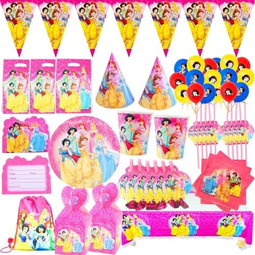 Disney Princess Birthday Party Decorations Supplies Kids Disposable Tableware Paper Cup Plate Baby Shower Girl Favors Gift Set