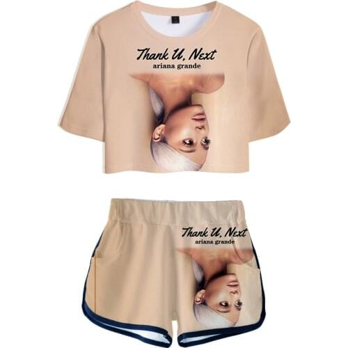 Trendy Women navel Tshirt 3D Print Ariana Grande Two Piece Set + Short Pants Summer Dew navel t shirt Girl Leisure Sets