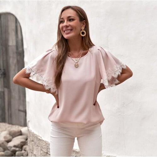 Summer Women Hollow Out Stitching T-Shirt Casual O-Neck Ruffle Short Sleeve Top Elegant 2021 Womens Clothing Tee Tops For Girls